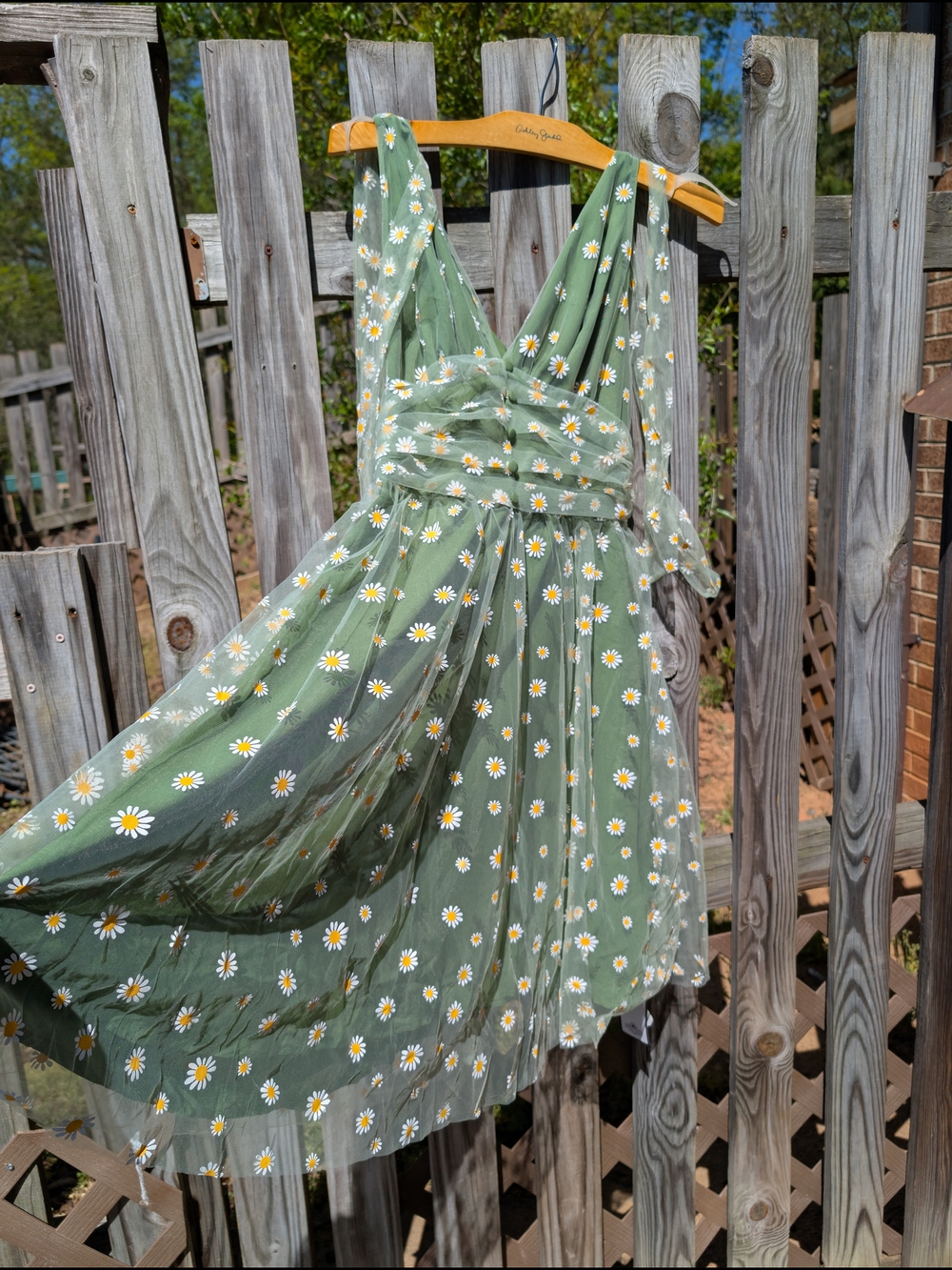 Retro Stage Green Daisy Dress 🌼 Cottagecore Fairycore Midi | Adjustable Tie Bac